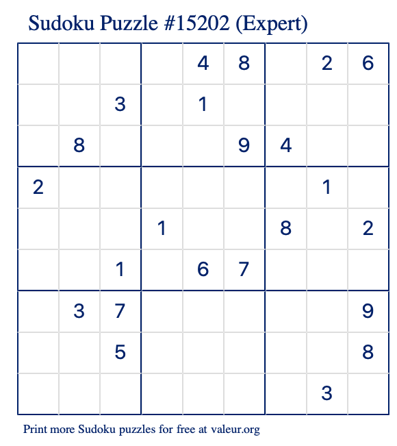 Free Printable Expert Sudoku Puzzle number 15202