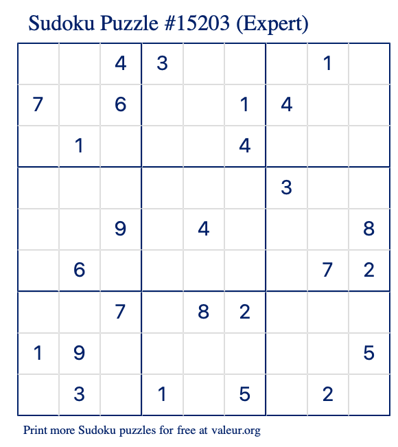 Free Printable Expert Sudoku Puzzle number 15203