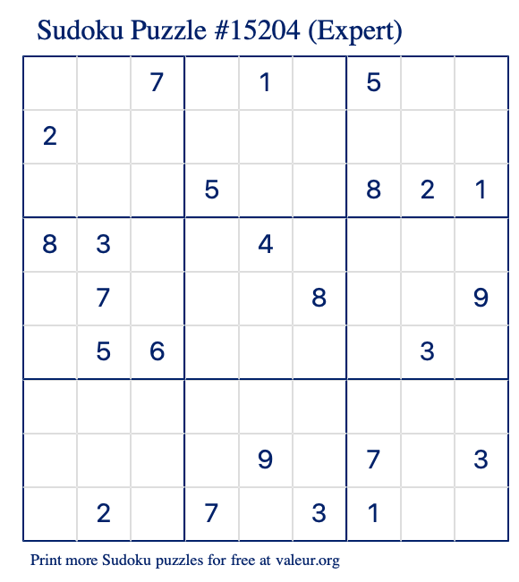 Free Printable Expert Sudoku Puzzle number 15204