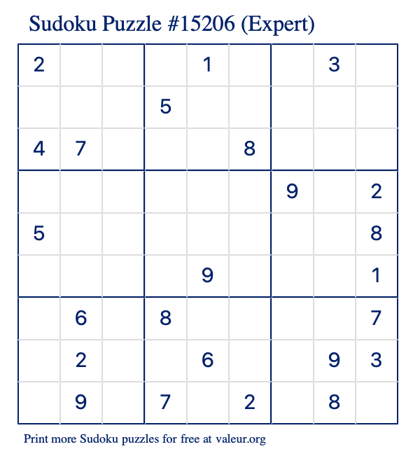 Free Printable Expert Sudoku Puzzle number 15206