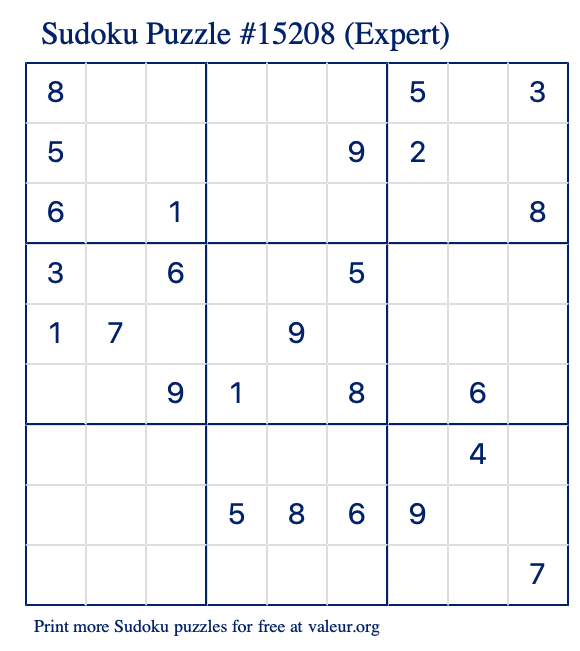 Free Printable Expert Sudoku Puzzle number 15208