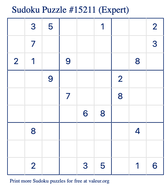 Free Printable Expert Sudoku Puzzle number 15211