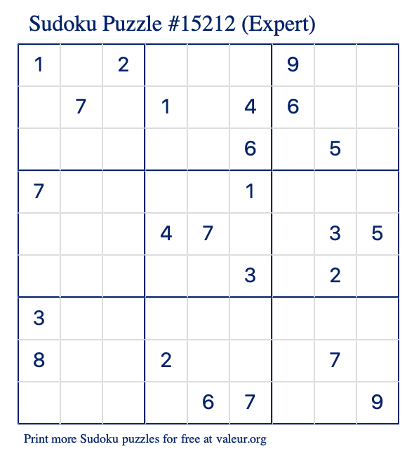 Free Printable Expert Sudoku Puzzle number 15212