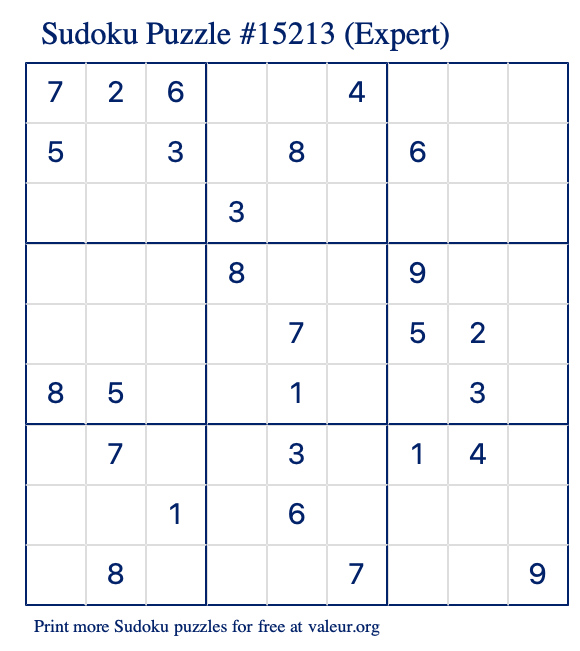 Free Printable Expert Sudoku Puzzle number 15213