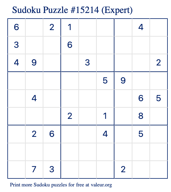 Free Printable Expert Sudoku Puzzle number 15214