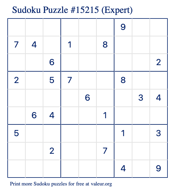 Free Printable Expert Sudoku Puzzle number 15215