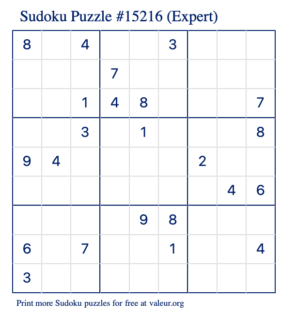 Free Printable Expert Sudoku Puzzle number 15216