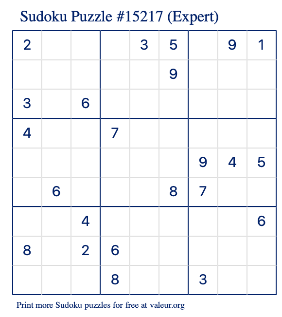 Free Printable Expert Sudoku Puzzle number 15217