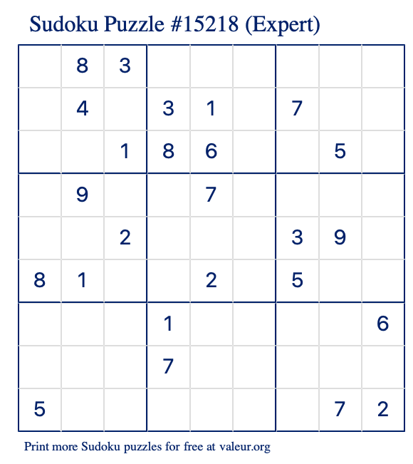 Free Printable Expert Sudoku Puzzle number 15218