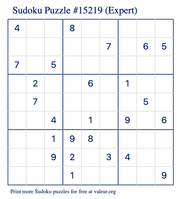 Free Printable Expert Sudoku Puzzle number 15219