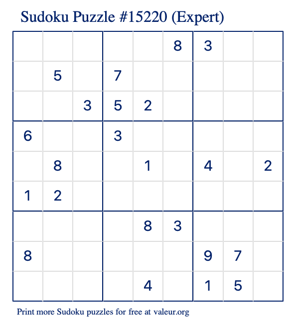 Free Printable Expert Sudoku Puzzle number 15220