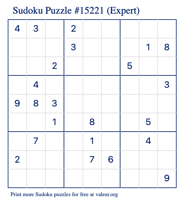 Free Printable Expert Sudoku Puzzle number 15221