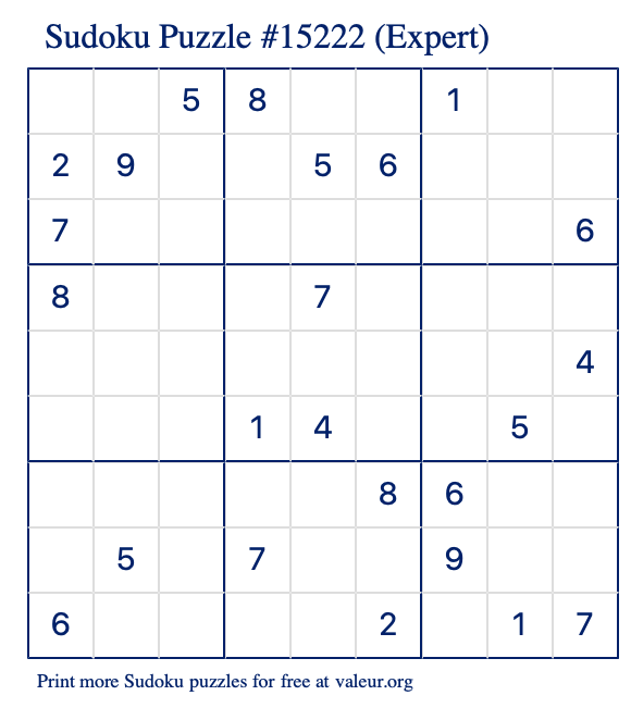 Free Printable Expert Sudoku Puzzle number 15222