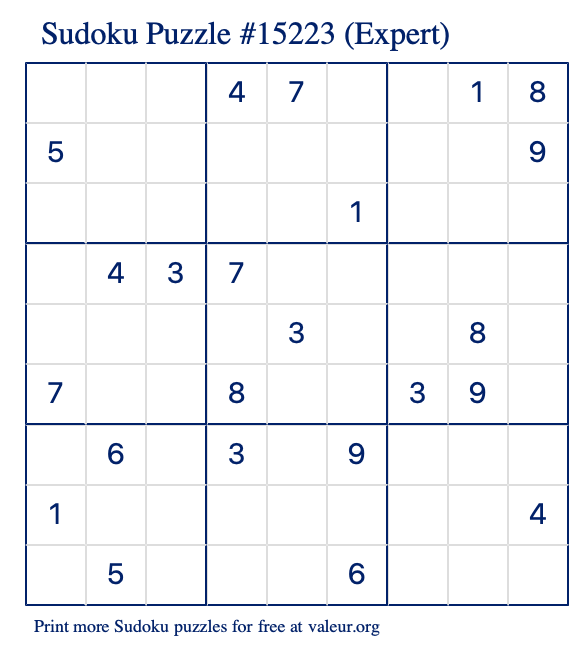 Free Printable Expert Sudoku Puzzle number 15223