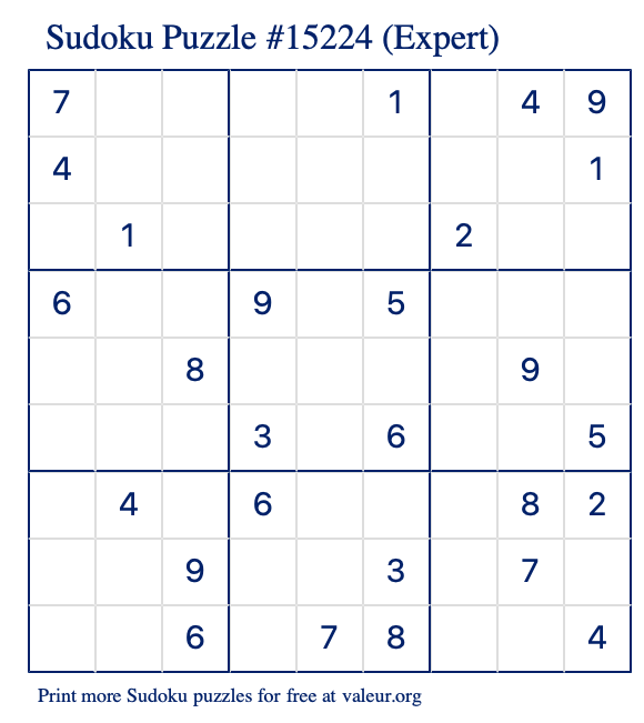 Free Printable Expert Sudoku Puzzle number 15224