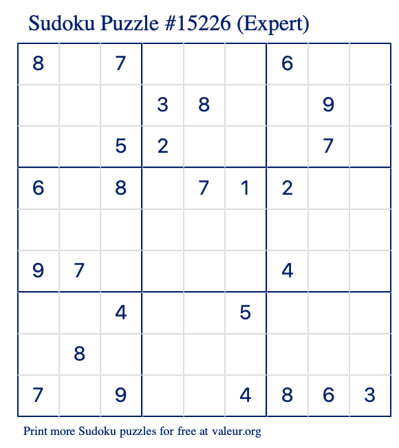 Free Printable Expert Sudoku Puzzle number 15226