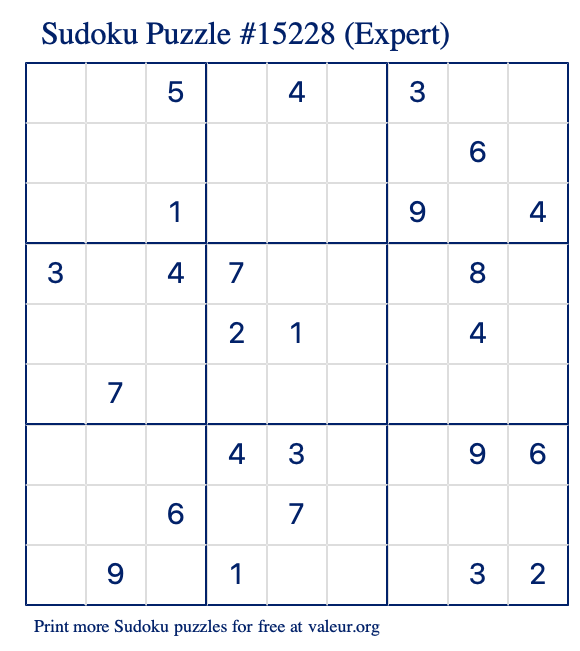 Free Printable Expert Sudoku Puzzle number 15228