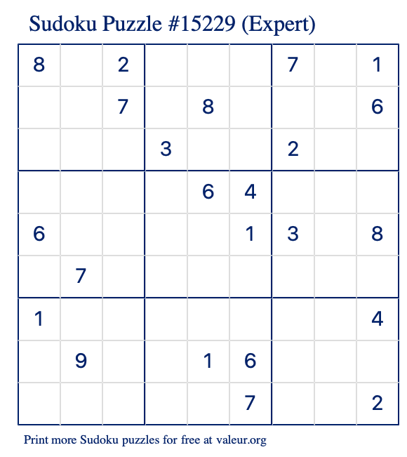 Free Printable Expert Sudoku Puzzle number 15229