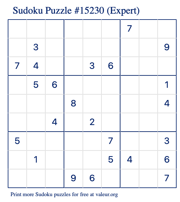 Free Printable Expert Sudoku Puzzle number 15230