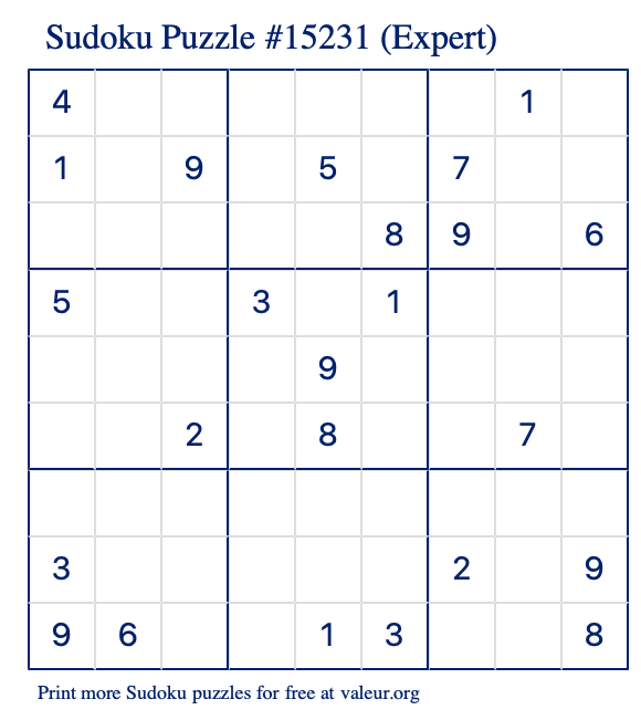 Free Printable Expert Sudoku Puzzle number 15231