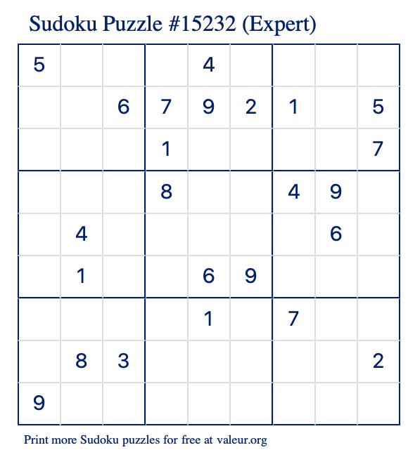 Free Printable Expert Sudoku Puzzle number 15232