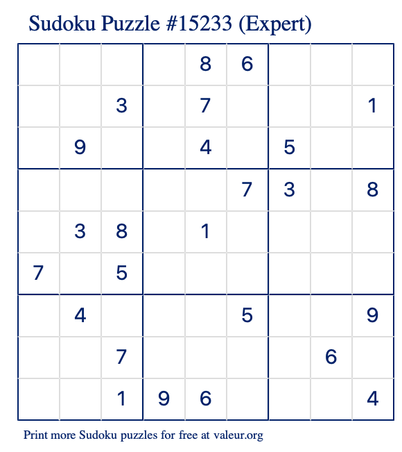 Free Printable Expert Sudoku Puzzle number 15233