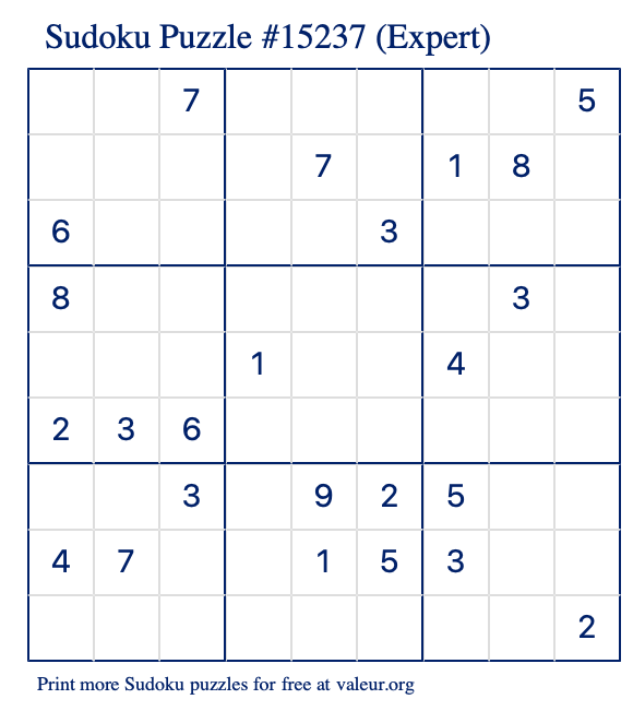 Free Printable Expert Sudoku Puzzle number 15237