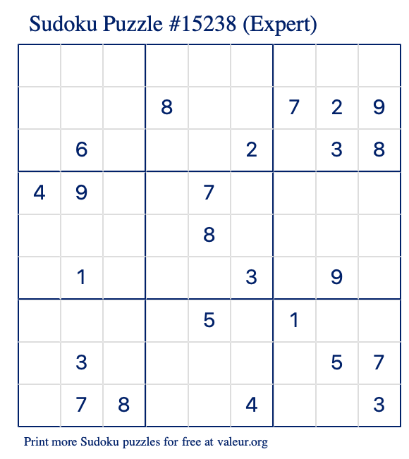 Free Printable Expert Sudoku Puzzle number 15238