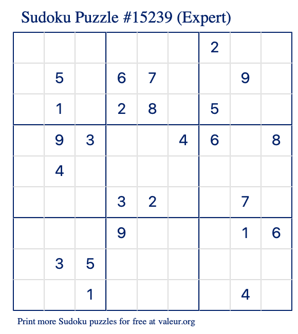 Free Printable Expert Sudoku Puzzle number 15239