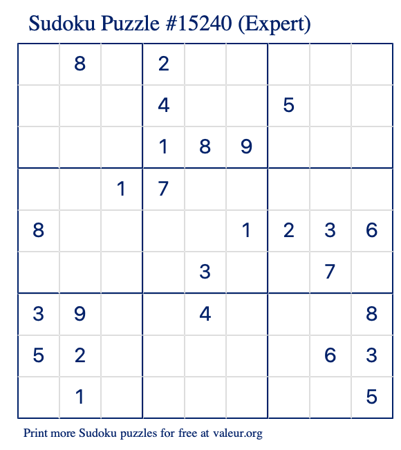 Free Printable Expert Sudoku Puzzle number 15240