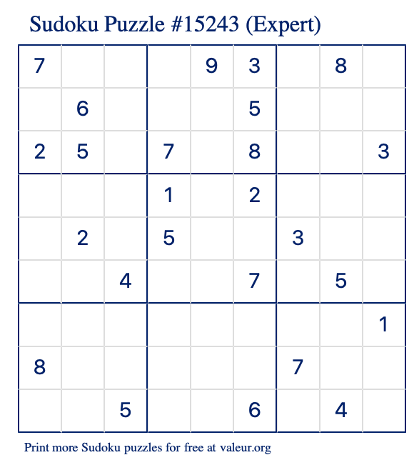 Free Printable Expert Sudoku Puzzle number 15243