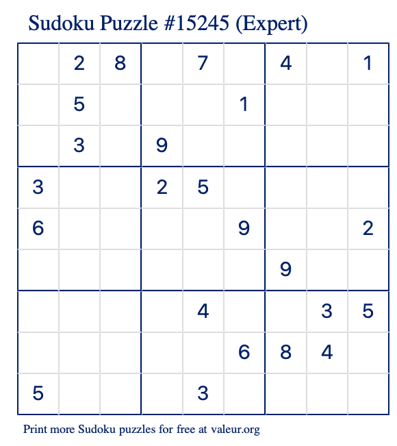 Free Printable Expert Sudoku Puzzle number 15245