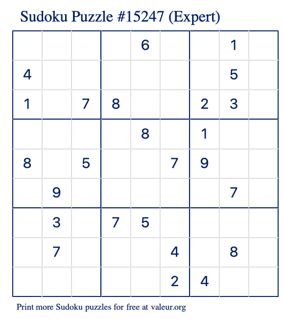 Free Printable Expert Sudoku Puzzle number 15247