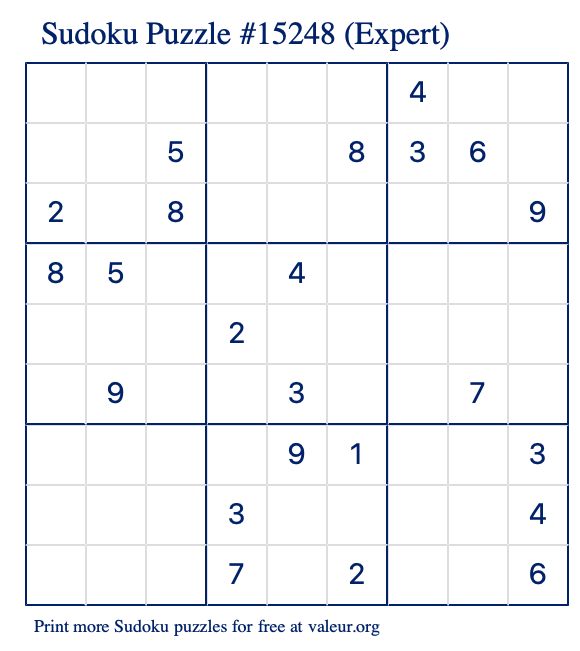 Free Printable Expert Sudoku Puzzle number 15248