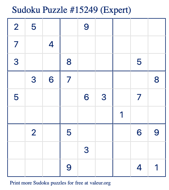 Free Printable Expert Sudoku Puzzle number 15249