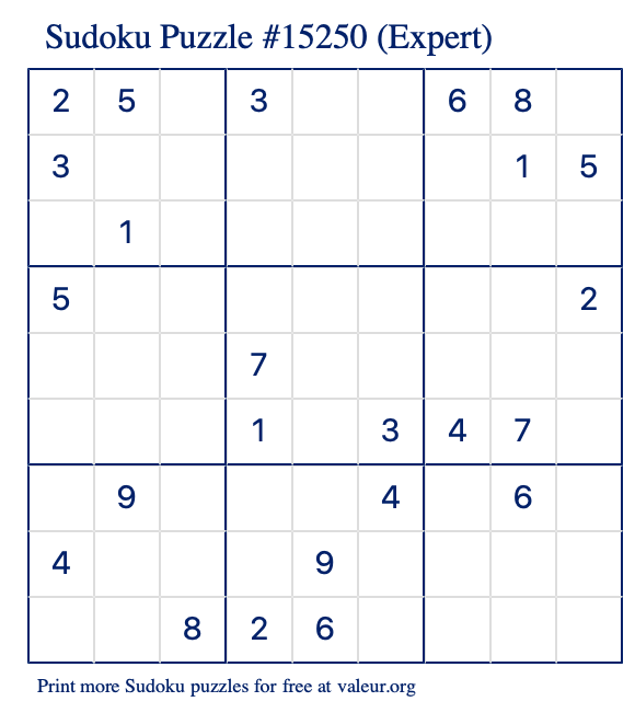 Free Printable Expert Sudoku Puzzle number 15250