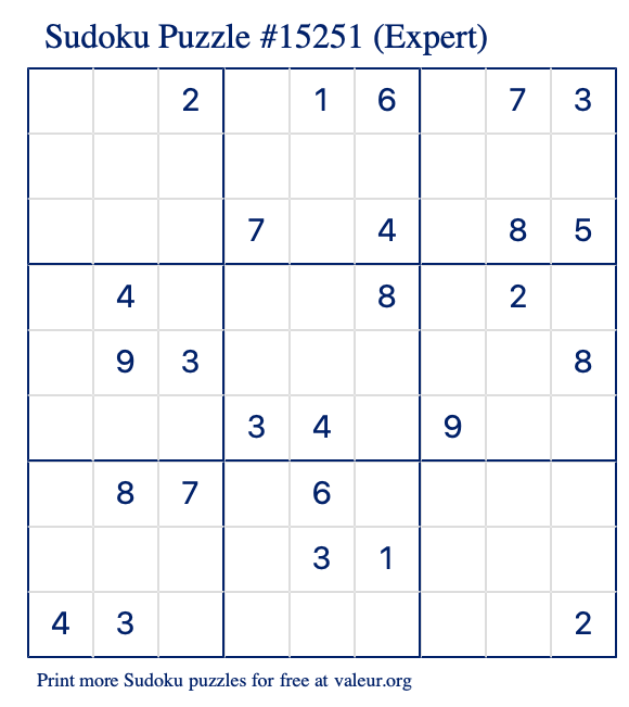 Free Printable Expert Sudoku Puzzle number 15251