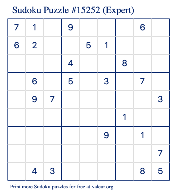 Free Printable Expert Sudoku Puzzle number 15252