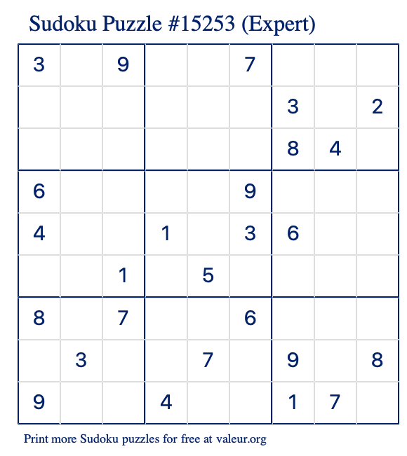 Free Printable Expert Sudoku Puzzle number 15253