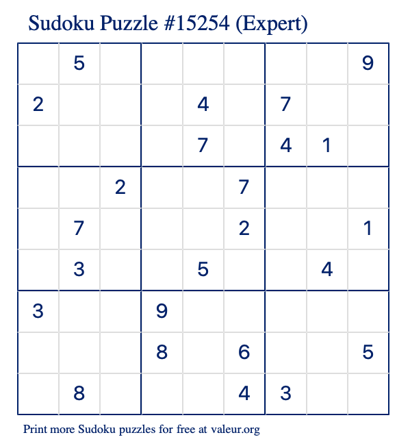 Free Printable Expert Sudoku Puzzle number 15254