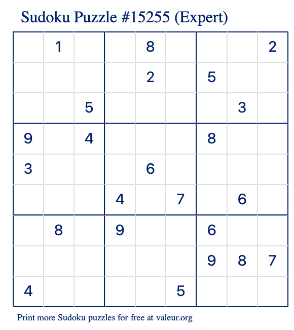 Free Printable Expert Sudoku Puzzle number 15255