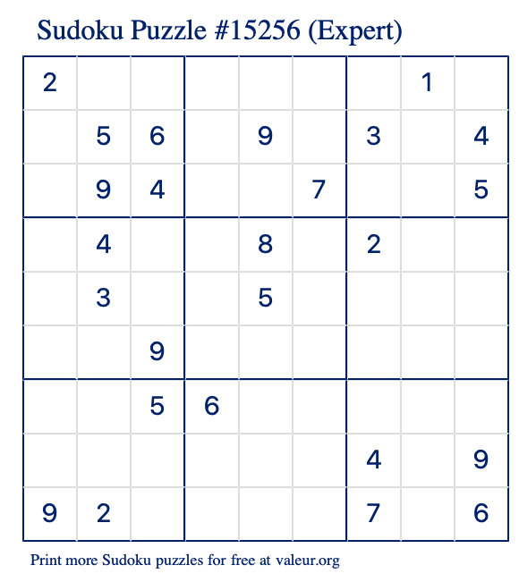 Free Printable Expert Sudoku Puzzle number 15256