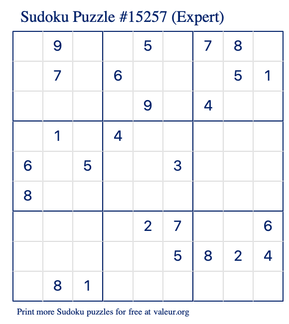 Free Printable Expert Sudoku Puzzle number 15257