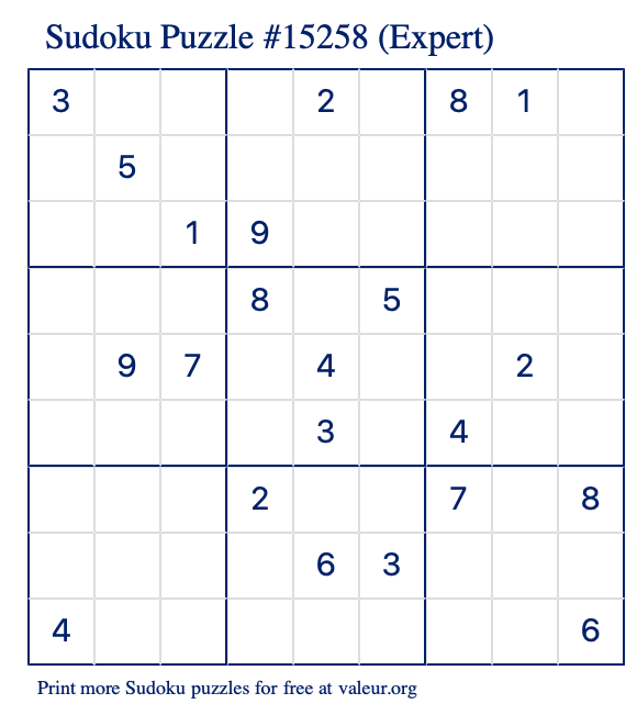 Free Printable Expert Sudoku Puzzle number 15258