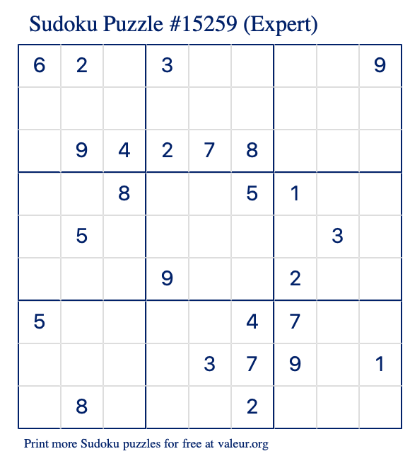 Free Printable Expert Sudoku Puzzle number 15259