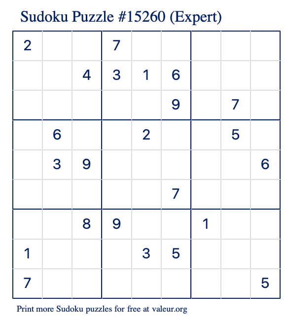 Free Printable Expert Sudoku Puzzle number 15260