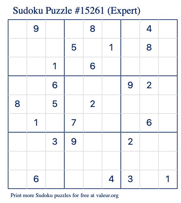 Free Printable Expert Sudoku Puzzle number 15261