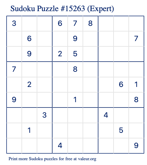 Free Printable Expert Sudoku Puzzle number 15263