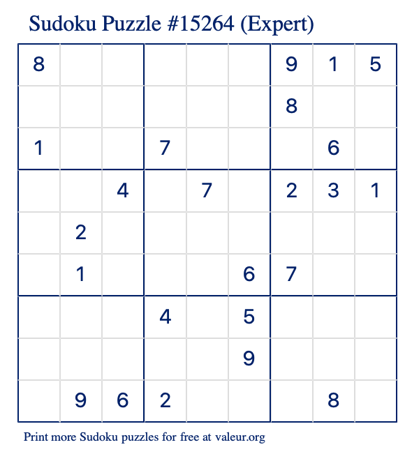 Free Printable Expert Sudoku Puzzle number 15264