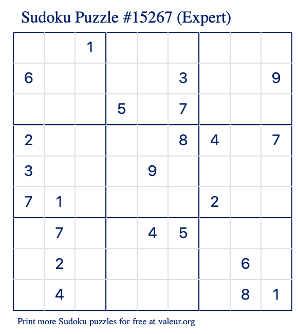 Free Printable Expert Sudoku Puzzle number 15267